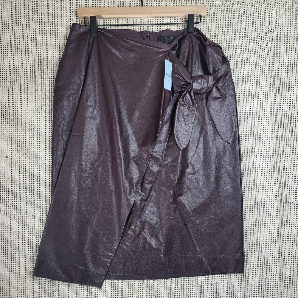 Ann Taylor Skirt Womens 12 Petite Brown Faux Leather Wrap Bow Detail Midi‎ NWT